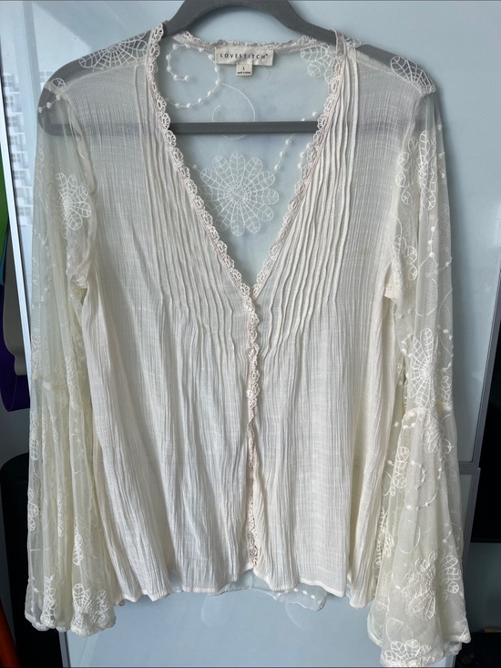 lovestitch Tops - Lovestitch Sheer Lace-Trim Top in Ivory w/ bell sleeves
